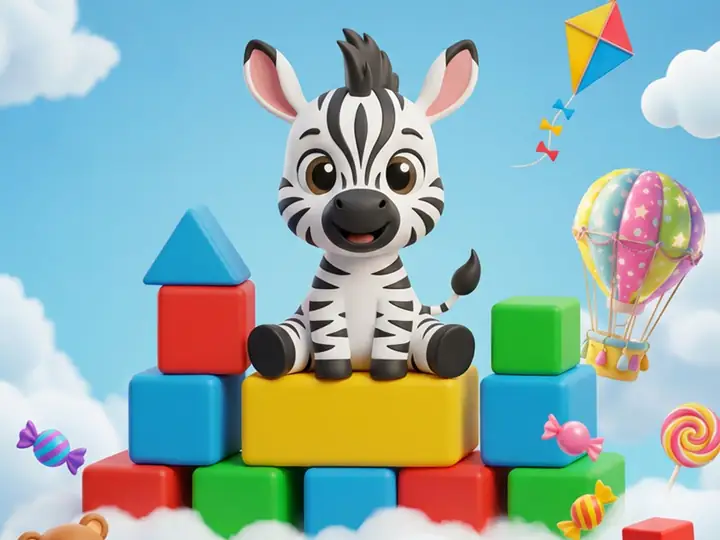 Zèbre en peluche assis sur des cubes colorés, univers de l’aire de jeu Marmoland