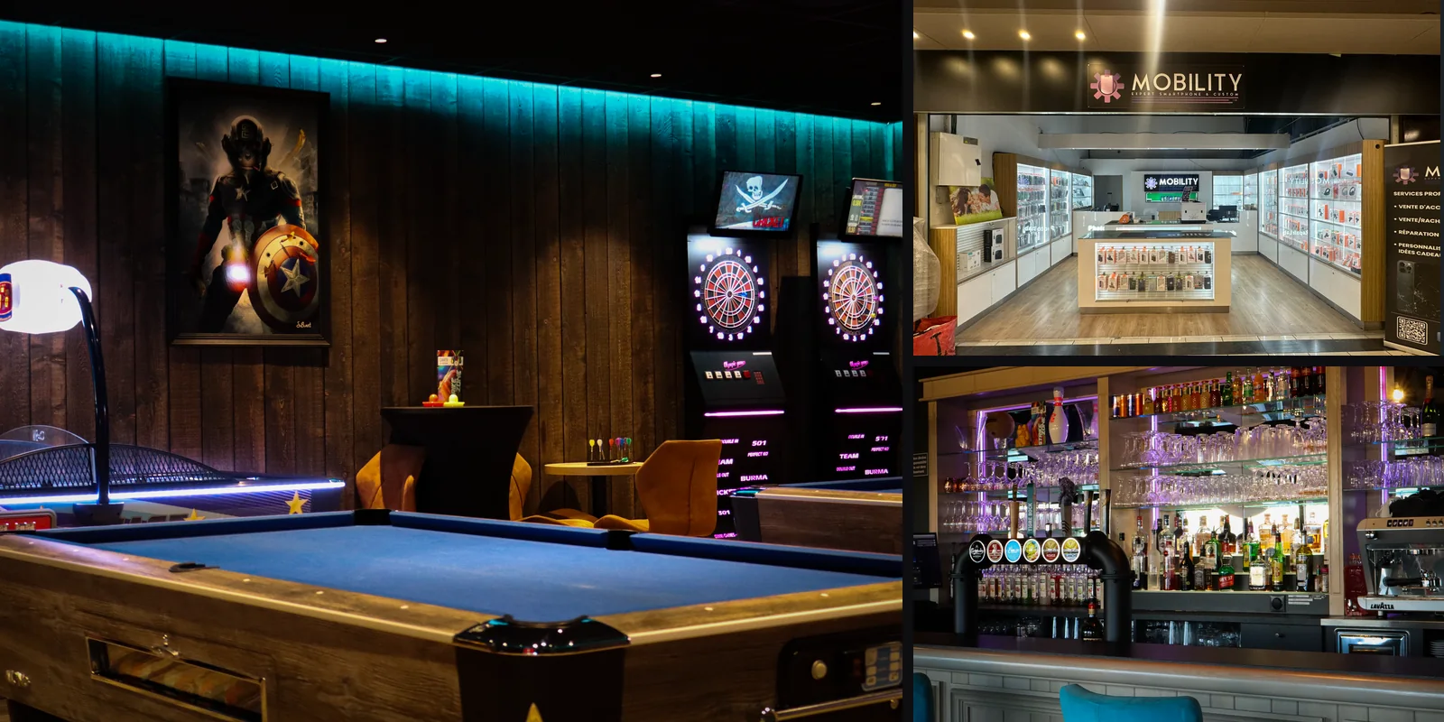 Salle de billard de Strike Zone, boutique Mobility et bar, trois commerces dont la vitrine compte