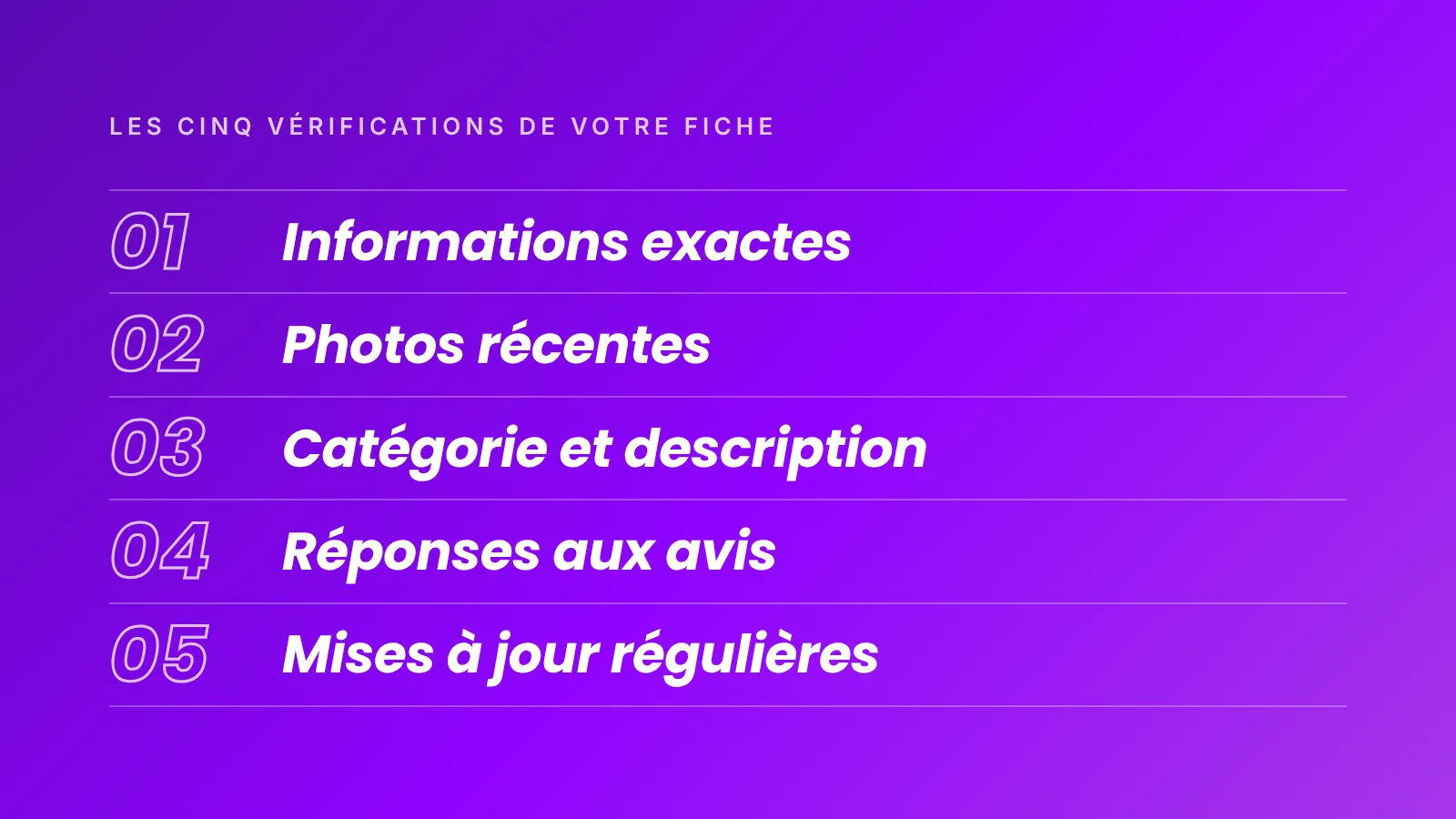Les cinq vérifications de la fiche Google, informations, photos, catégorie, avis et mises à jour