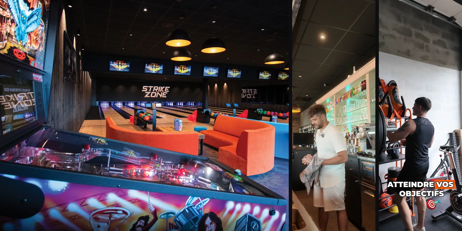 Plan large du bowling Strike Zone et deux images de réels verticaux tournés par Aurae