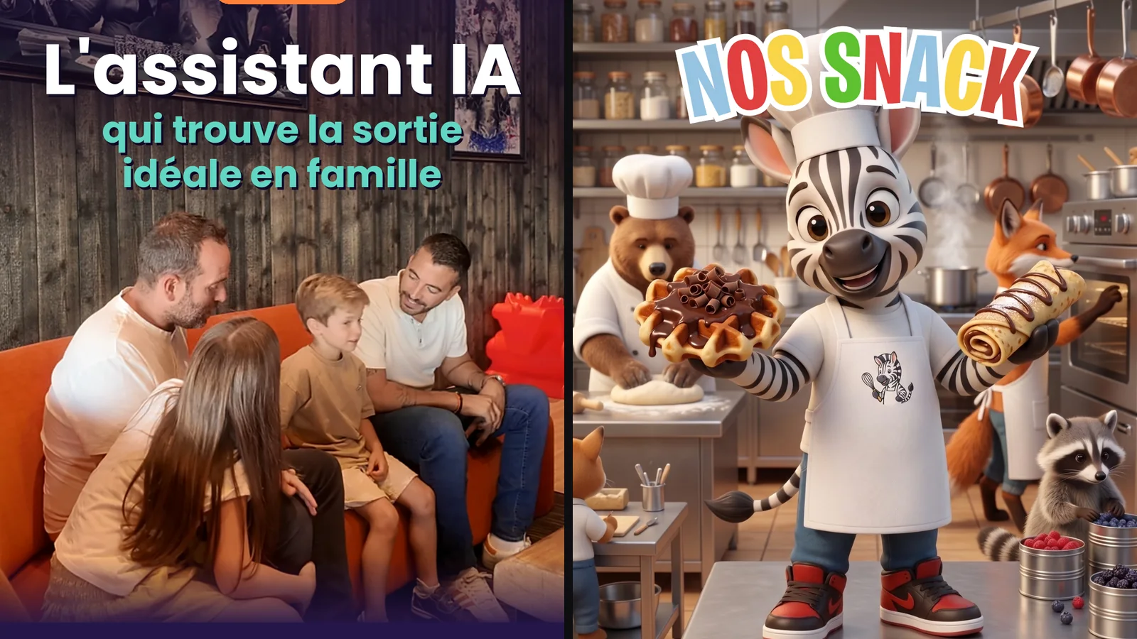 Deux visuels pour les réseaux sociaux, l'assistant IA de KidiSpot et le snack de Marmoland